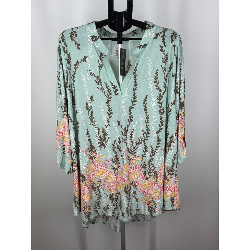 Glitzy Girlz Curvy Blessed By Spring Floral Tunic Top Sage Coral 3XL NWT
